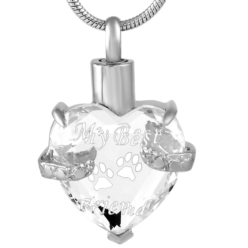 Stainless Steel Pet/Human Memorial Urn Clear Crystal Cremation Pendant Necklace