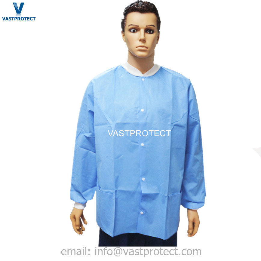 High Quality White Blue Disposable SMS Lab Coats with Cotton Knitting Cuff