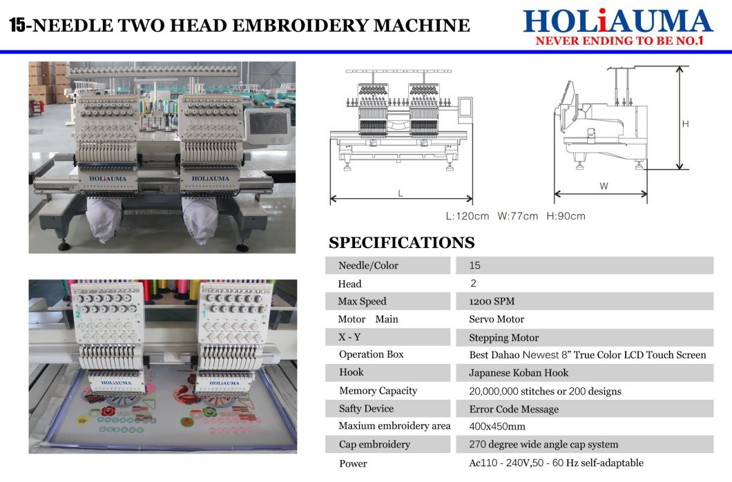 Holiauma 2 Head 15 Needle Cap/Garment Embroidery Machine Free Embroidery Design Good Embroidery Machine Price with Dahao Control System Tajima & Brother Type