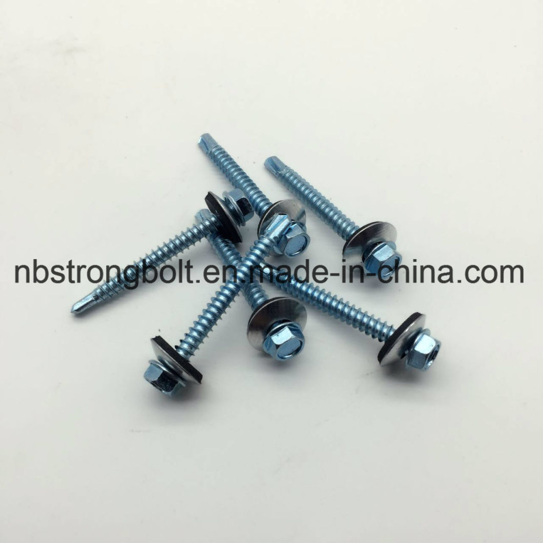 Hex. Washer Head Self Drilling Screws with Bonded Washer (METAL/EPDM OD 16 mm) Bsd #3 12- 14 PT Drill Zinc Plated #12-14X3