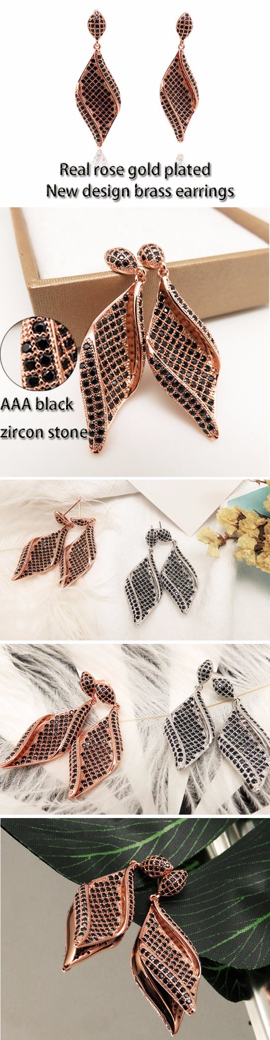 AAA Black Zircon Rose Gold Women Party Diamond Stud Earrings
