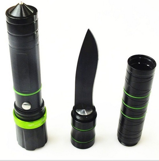 Multifunction Rechargeable Focus Adjustable LED Torch with Knife Glass Breaker Hammer Zoomable Tactical Flashlight