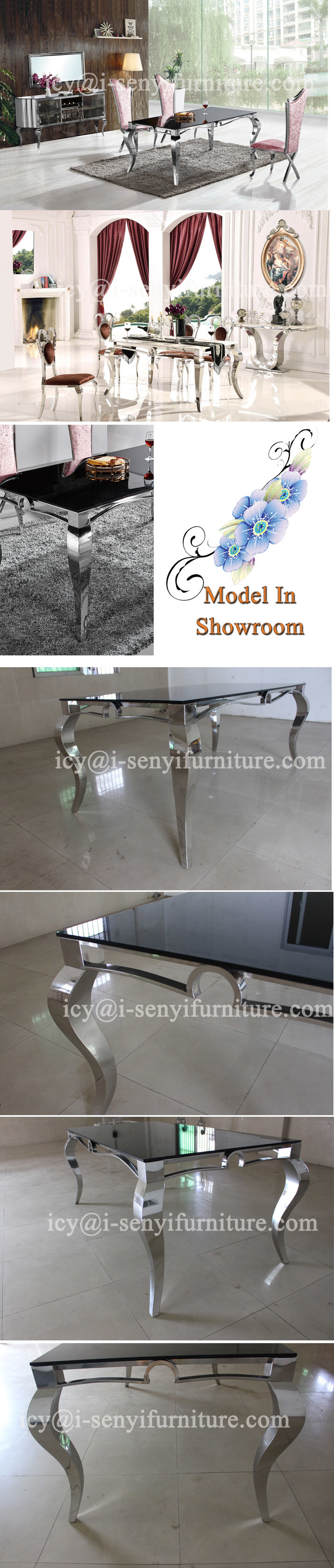 Modern & Classic Tempered Glass or Marble Top Stainless Steel Dining Table