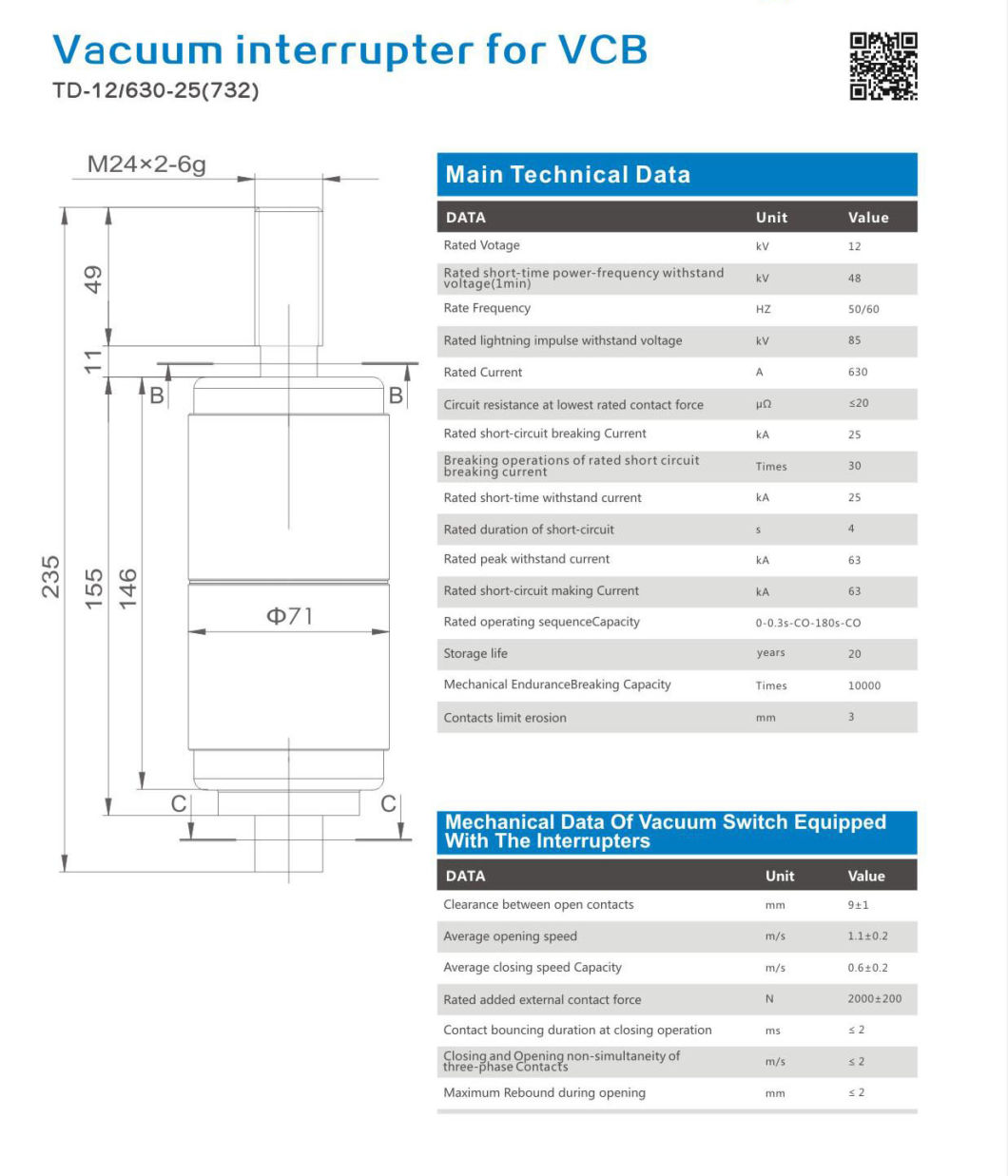 Vacuum Interrupter for Vcb Td-12/630-25 (732)