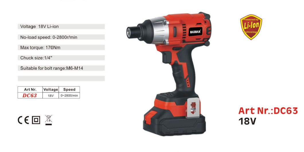 Black and Red Color 2800r/Min 18V Li-ion Cordless Screwdriver