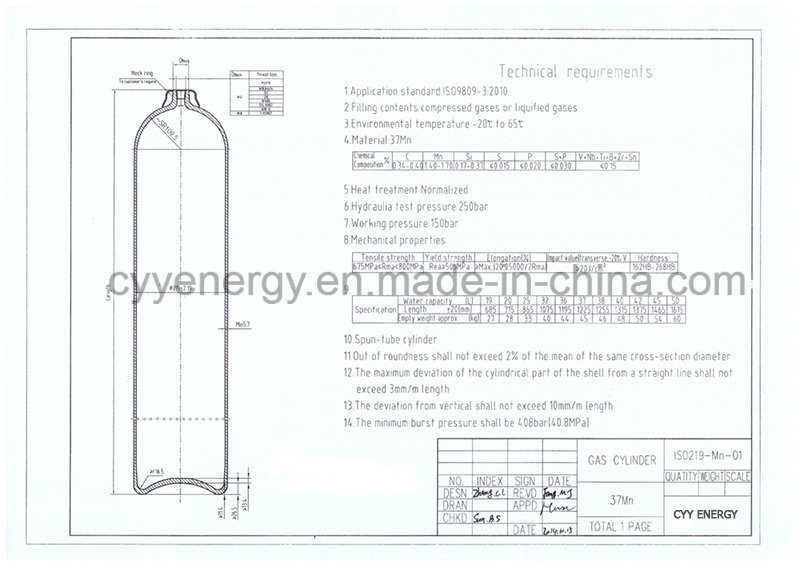 40L 150bar ISO Standard High Pressure Seamless Steel Gas Cylinders