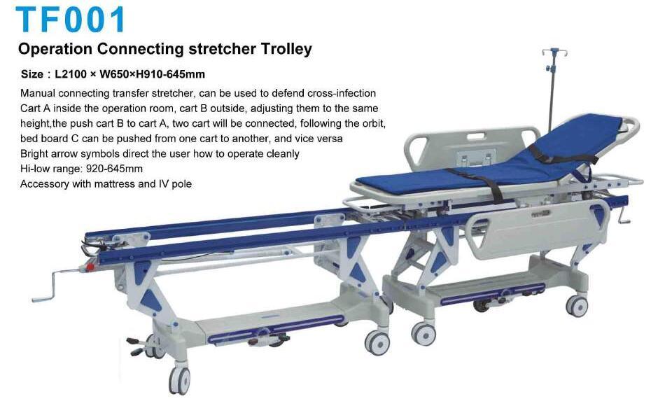 Operation Connecting Manual Hospital Cart Transfer Stretcher Trolley with Ce& ISO