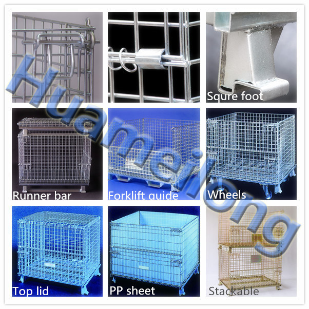 Huameilong Detachable Foldable Wire Mesh Crate with Forklift and Lid