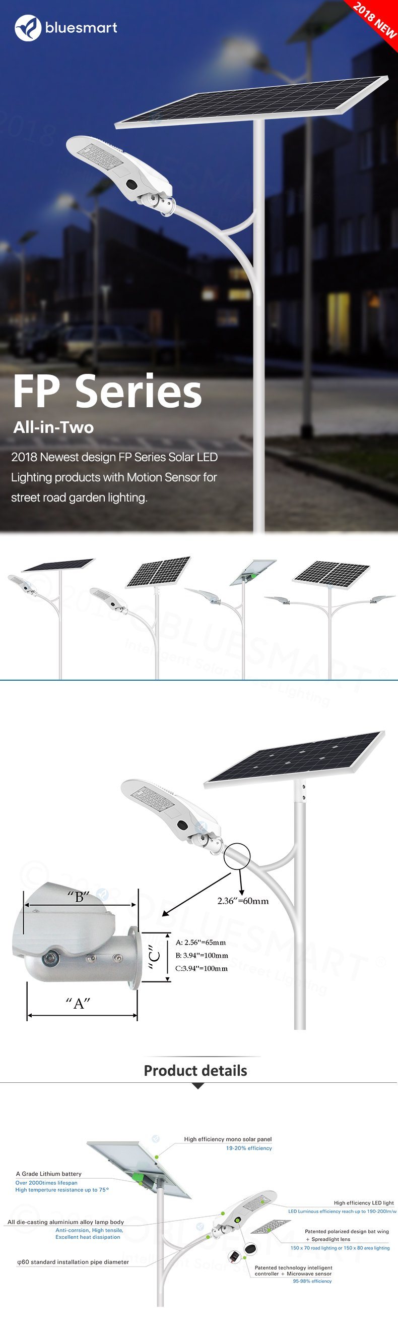 60W Solar Powered LED Garden Street Light with PV Modules