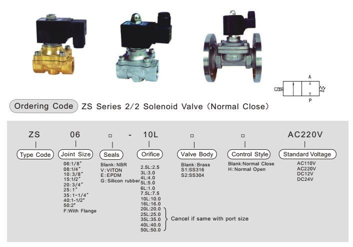 Zs Series 2/2 Way Zero Pressure Differential Brass Solenoid Valve