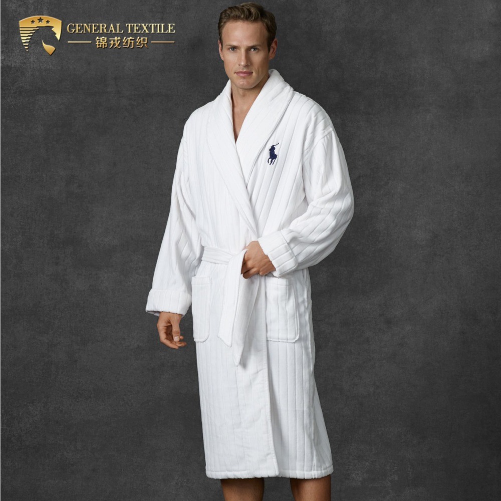 Customized White Shawl Collar Ribbed 5 Star Hotel Men Stripe Velour Bathrobe (JRL070)