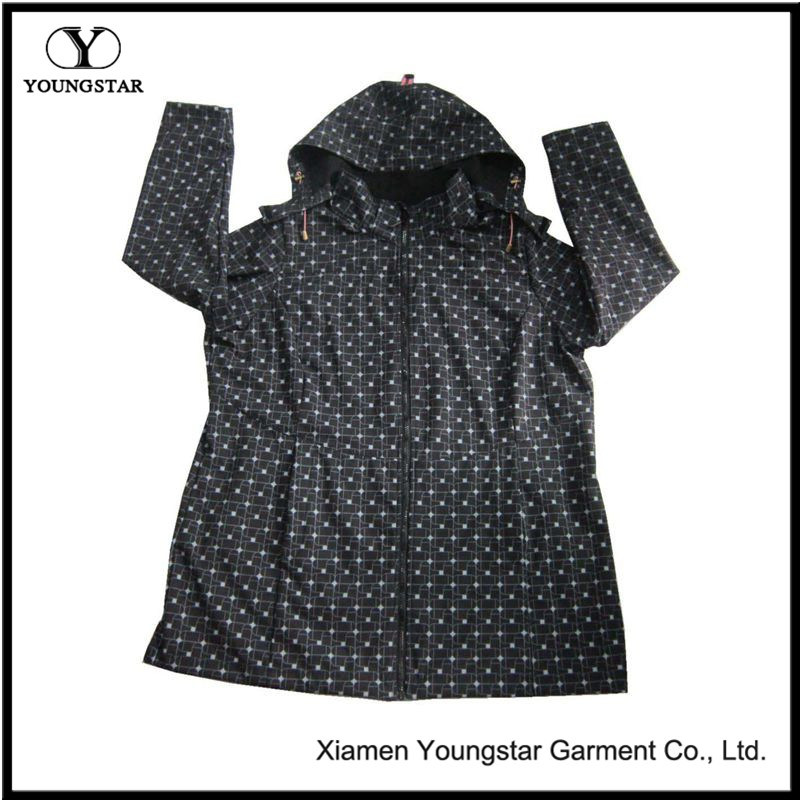 Ys-1067 Printed Black Microfleece Waterproof Breathable Womens Hooded Softshell Jacket