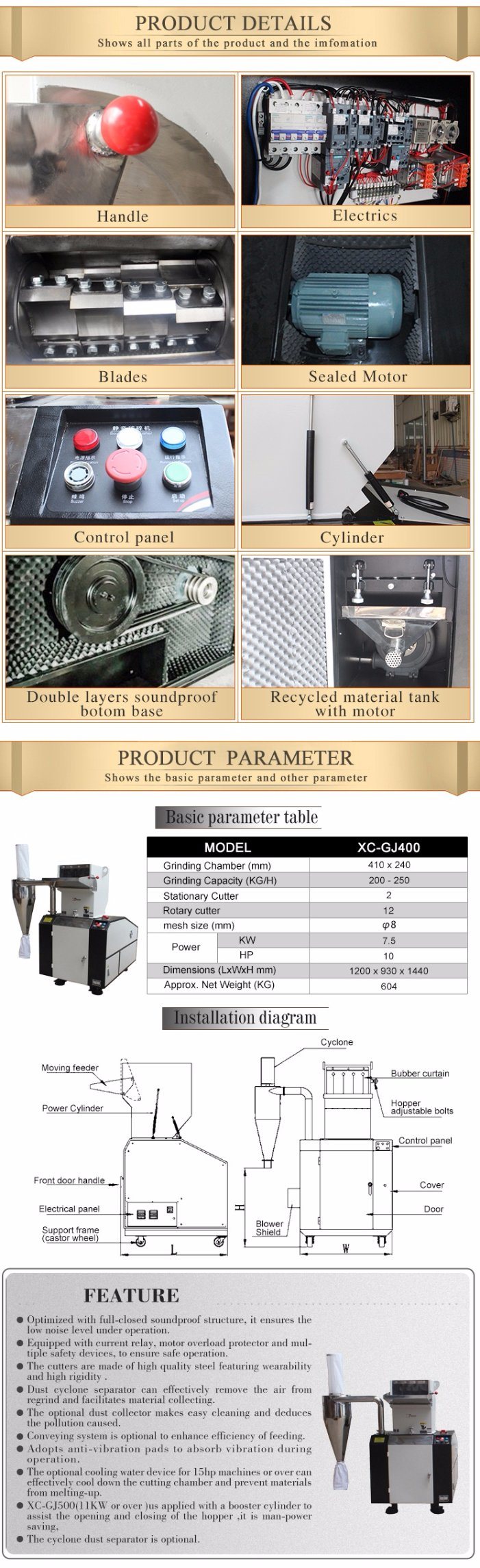 Small Plastic Soundproof Crusher (XC-GJ400)