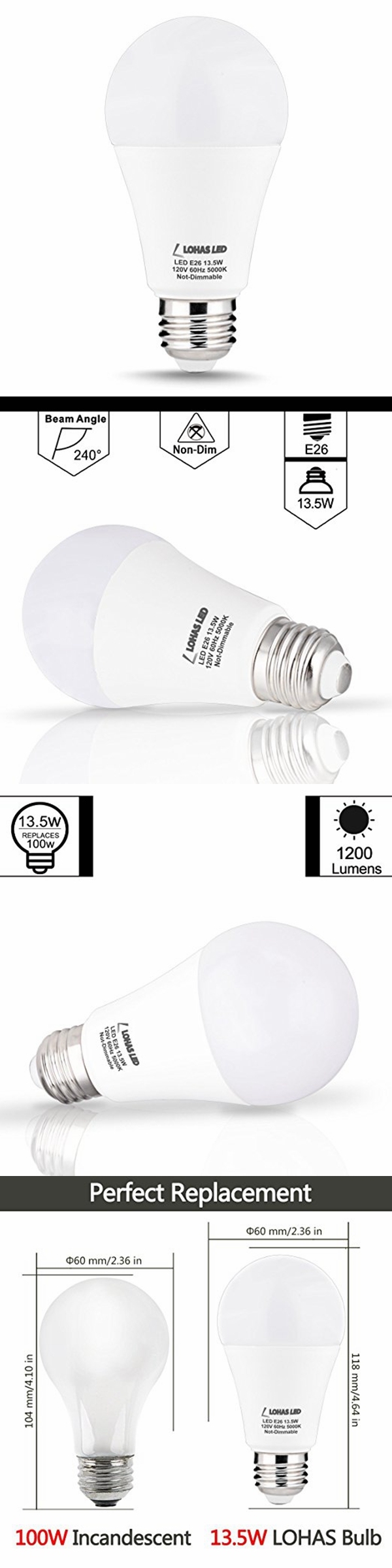 Lohas 13.5W 100W Equivalent LED Light Bulbs Non-Dimmable Daylight White 5000K with UL Listed