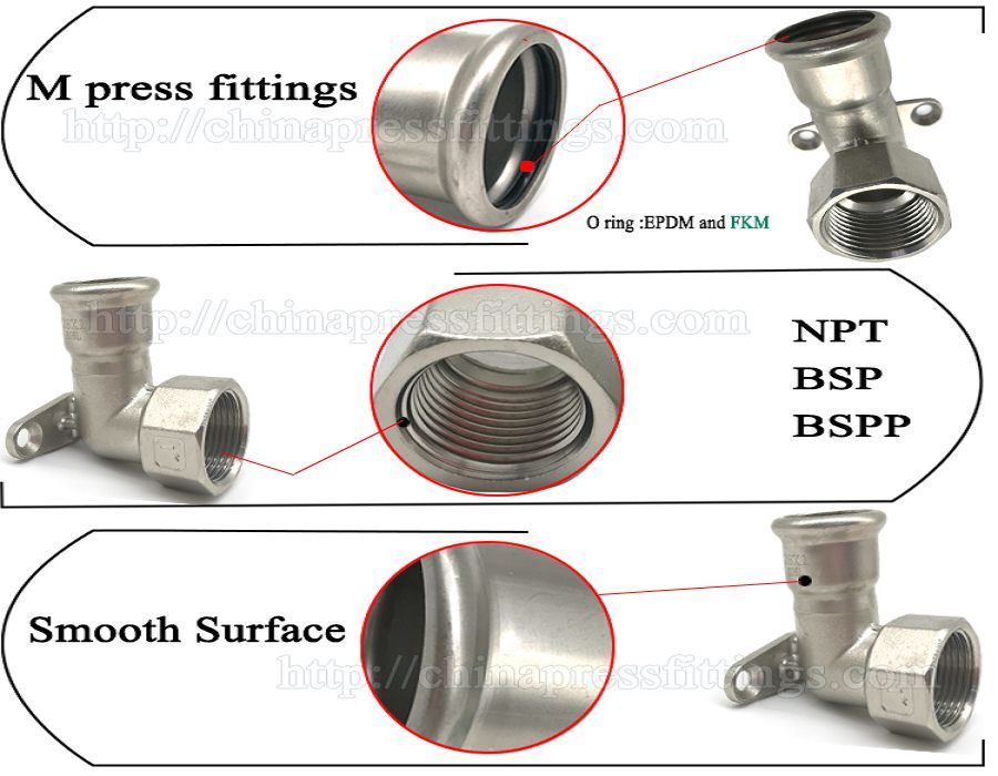 Pipe Fitting Stainless SS316 Press Fit Bend 90 Degree with Wall Plate