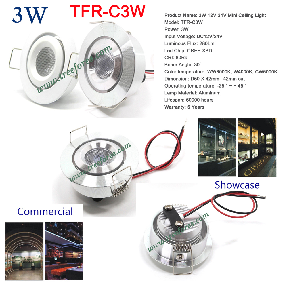 3W Mini LED Downlight 12V 24V CREE COB Ceiling Spot Light