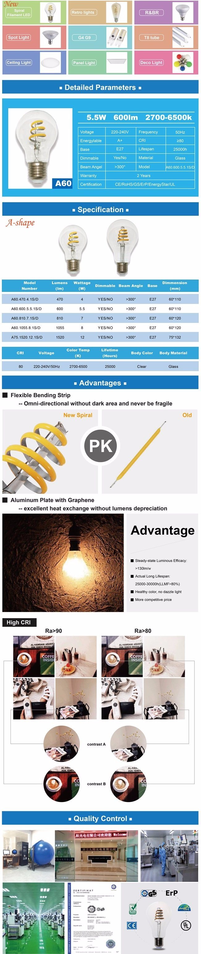 5.5W 600lm A60 New Spiral Filament LED Light Bulb