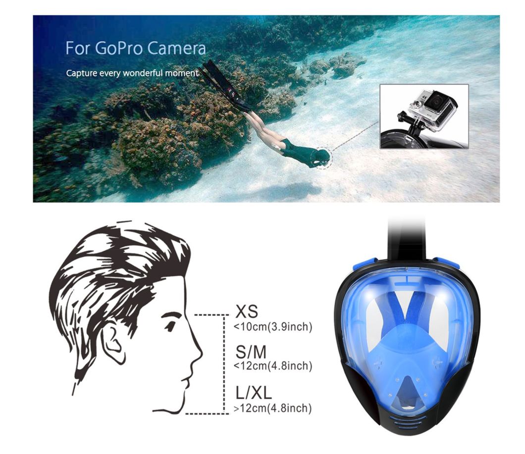 Best Price Diving Mask Snorkel Mask Full Face and Easy Breath Diving Mask for Go PRO Mountings