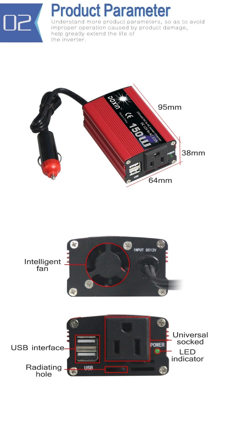 DOXIN DC to AC 12V to 110V 150W dual USB car inverter 2 fuse with US socket