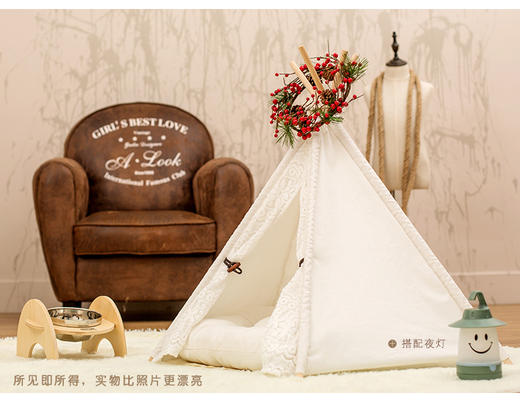 Triangle Royal Lace Pet Tents Pine Wood Washable Dog House