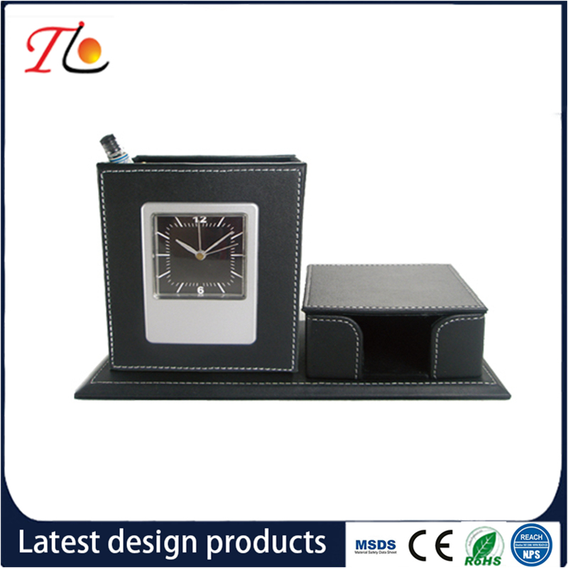 PU Desktop Organizer Pen Holder Office Stationery with Alarm Clock