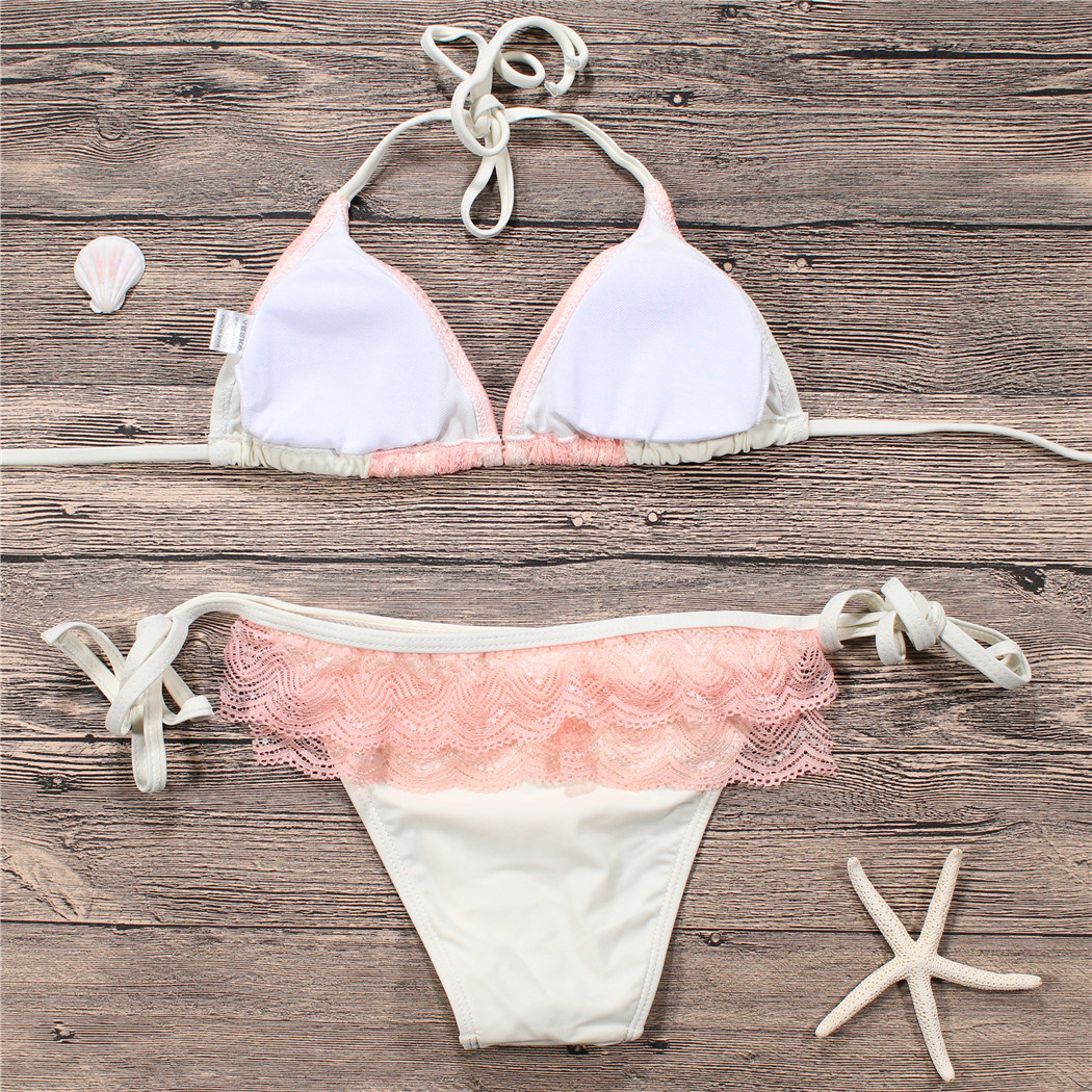 Ladies Sexy Pink Lace Triangle Two Pieces Halter Neck Swimwear Bikini Set