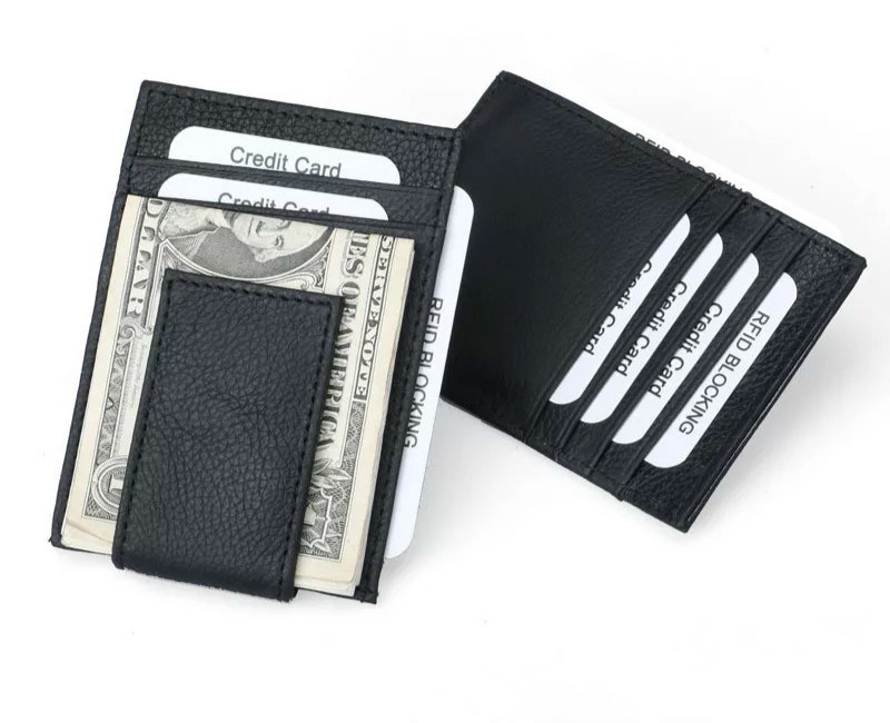 Genuine Cow Leather Anti RFID Credit Card Holder Wallet with Magnet Money Clip