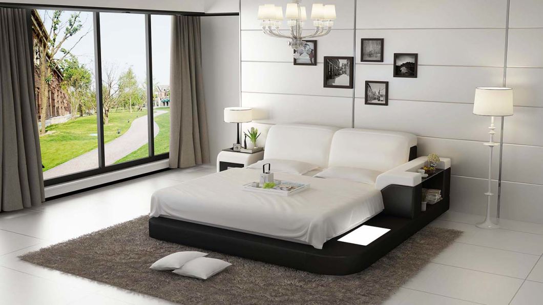 Contemporary Design LED Lighting Bed with Genuine Leather