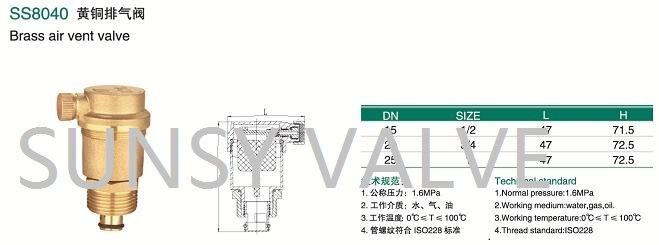 Ss8040 Brass Exhausting Air Vent Release Relief Reduce Valve