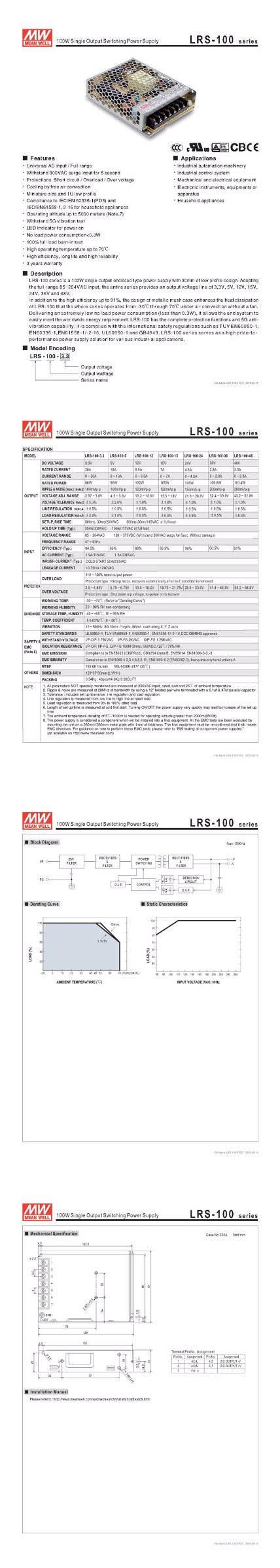 Lrs-100series 5-48V 100W 3yearswarranty LED Strip Driver Linear Light Switching Power Supply