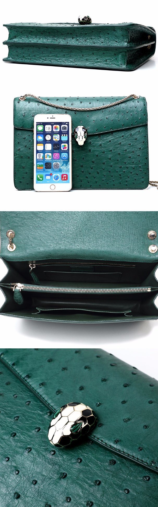 Famous Brand Design Top Quality Real Green Ostrich Skin Leather Sling Bag for Ladies