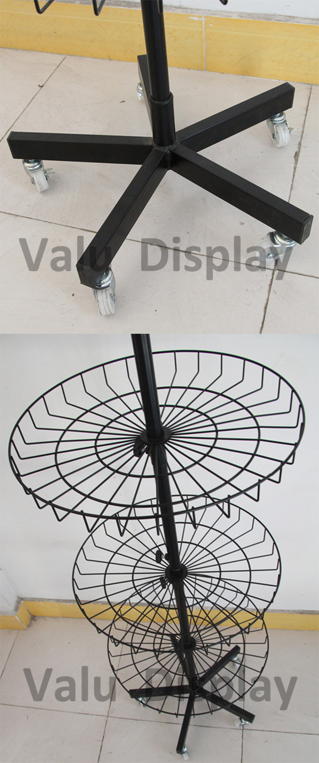 Floor Standing Rotating Spinning Metal Turntable Wire Display Stand Rack with Basket