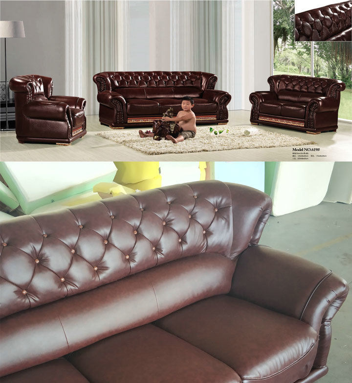 Brown Color Home Furniture Genuine Leather Sofa with Button Design (619)