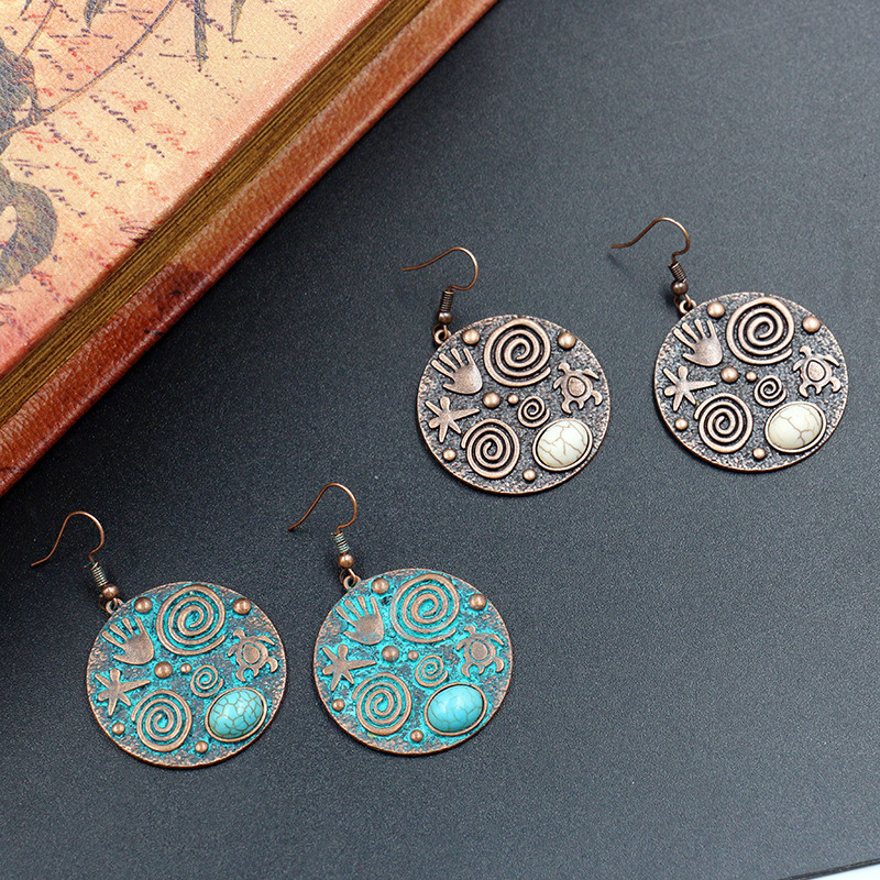 New Design Vintage Jewelry Big Metal Circle Turquoise Beaded Drop Earrings