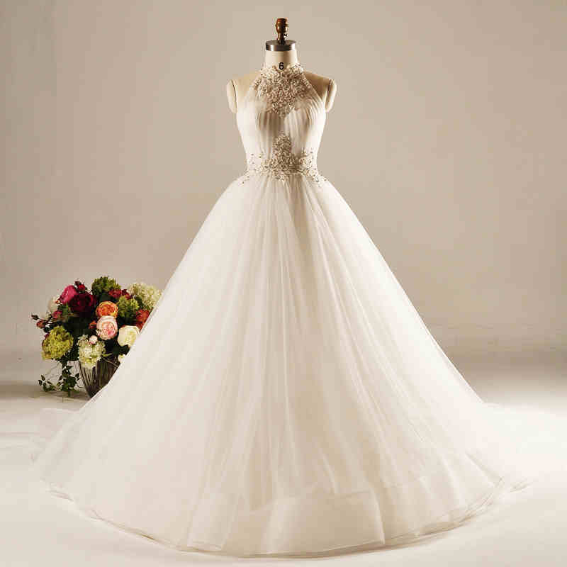 Halter Beading Tulle Ball Bridal Wedding Dress