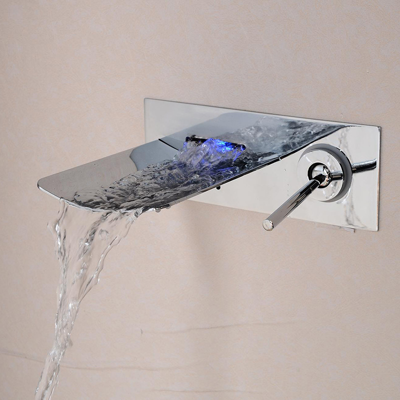 Hot Selling Chrome Wall Mounted Bathroom Waterfall Faucet with LED