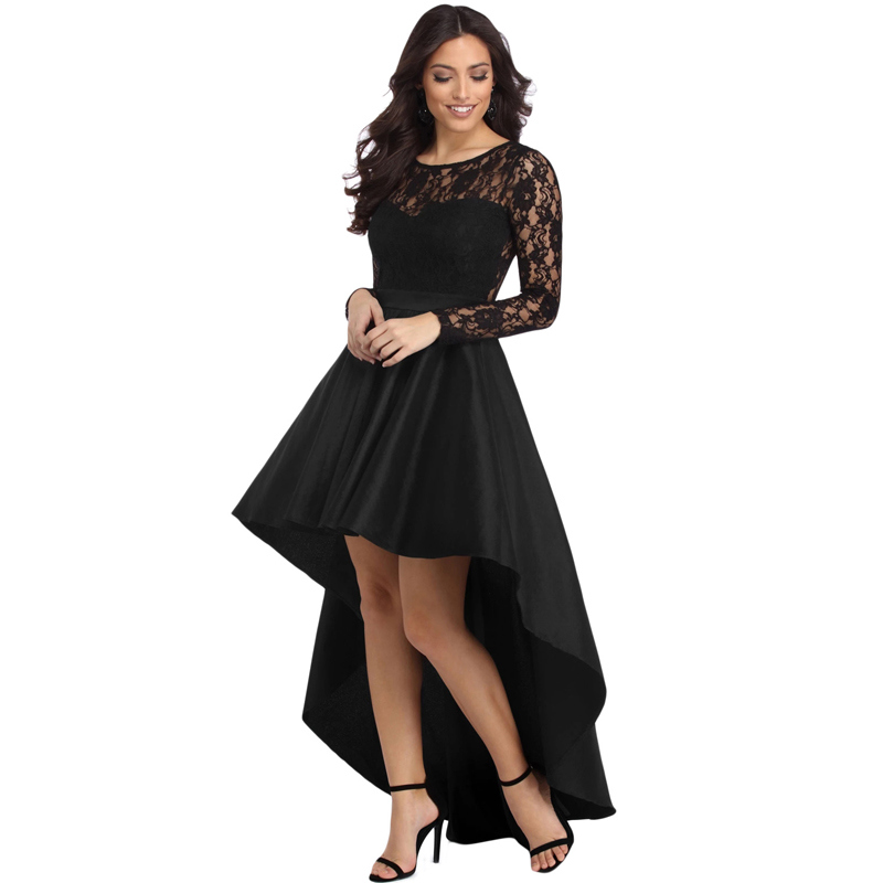 Fashion Long Sleeve Lace High Low Satin Prom Evening Dress