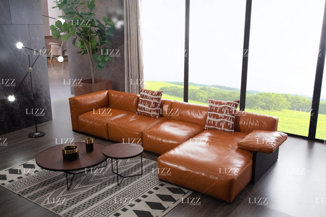 Modern Style Living Room Corner Wooden Leather Sofa