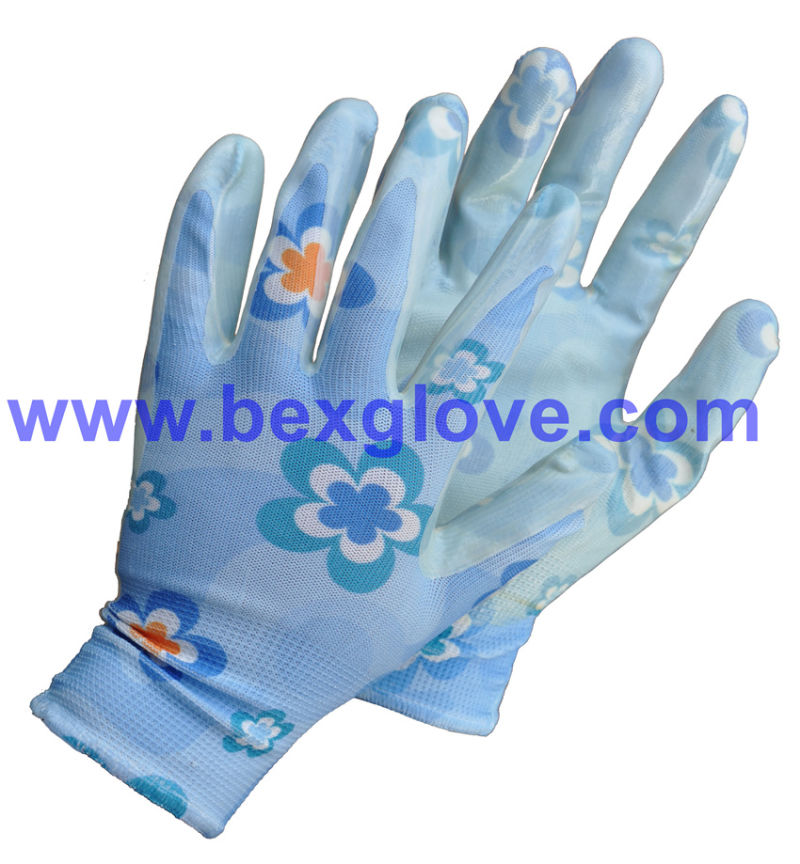 Nitrile Coating, Transparent, 13 Gauge Polyester Liner, Flora Patterns Safety Gloves