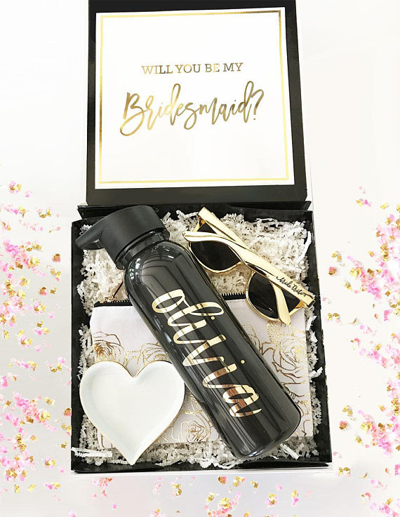 Maid of Honor, Empty Wedding Gift Black Bridesmaid Proposal Box with Gold Foil