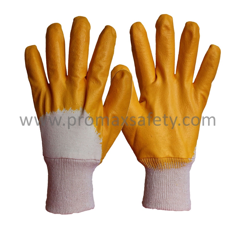 Knit Wrist Open Back Cotton Liner Yellow Nitrile Coated Safety Gloves