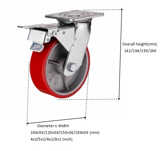 PU Cast Iron Core Caster Wheel for Heavy Duty Trolley