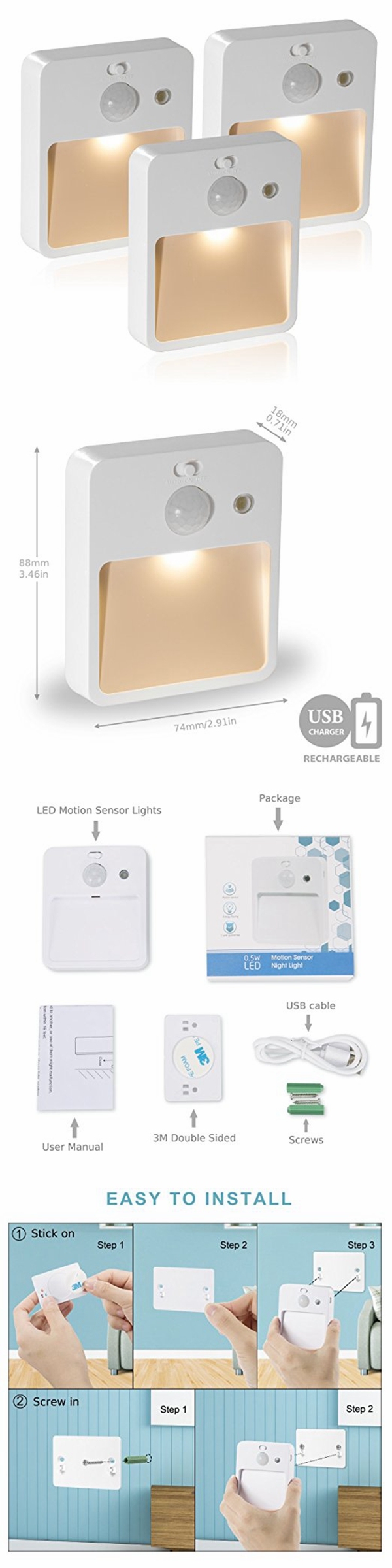 0.5W Motion Sensor Cabinet Lights USB Rechargeable LED Night Lights for Hallway, Closet, Bedroom