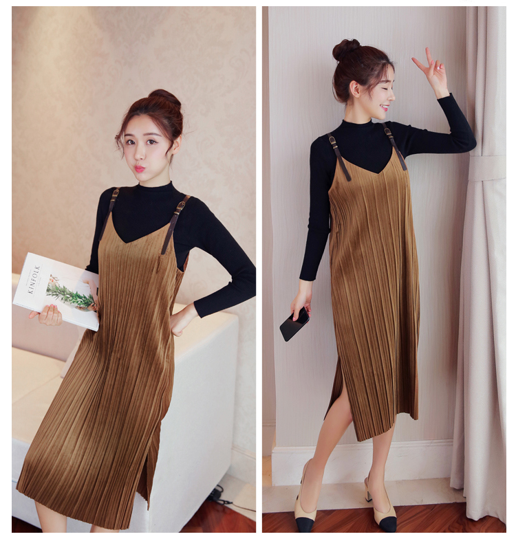 New Solid Color Gold Velvet Pleated Bottom Strap Ladies Dress