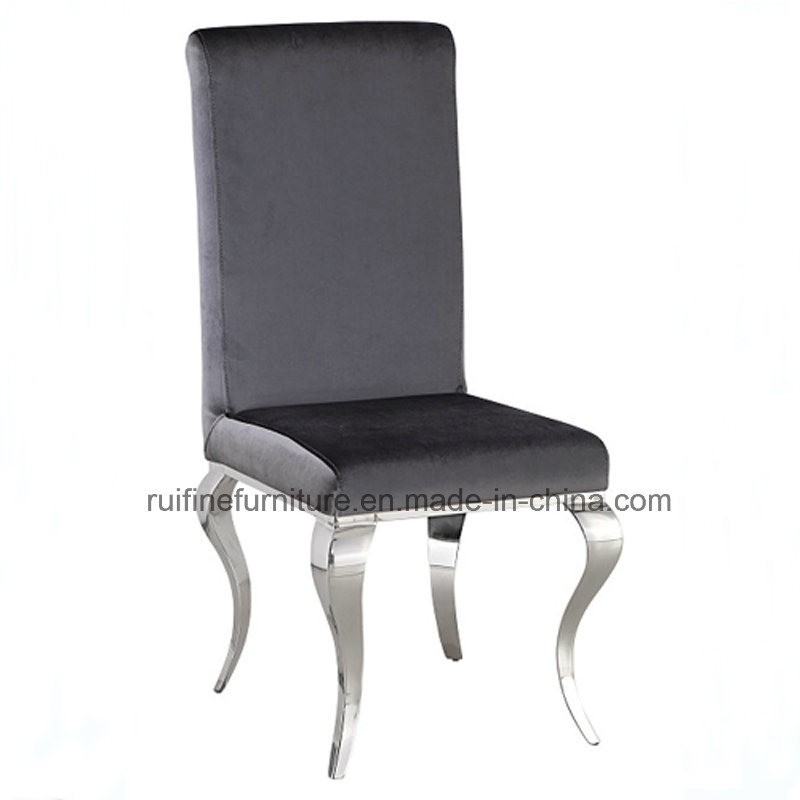 Modern French Louis Grey Silver Velvet Fabric Dining Chair with Straight Back