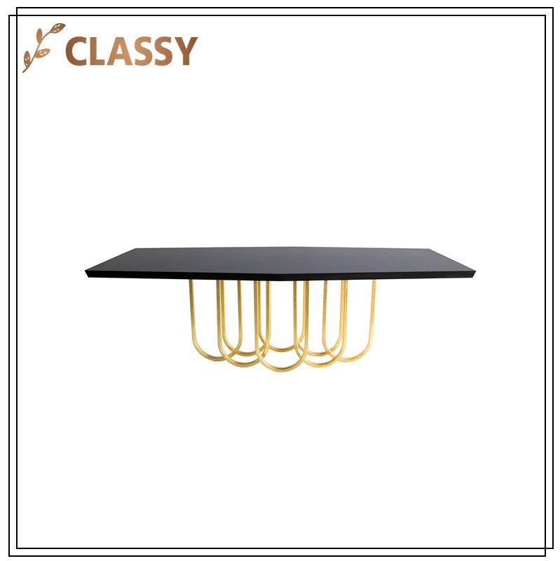 Rectangular Wooden Top and Golden Stainless Steel Base Dining Table