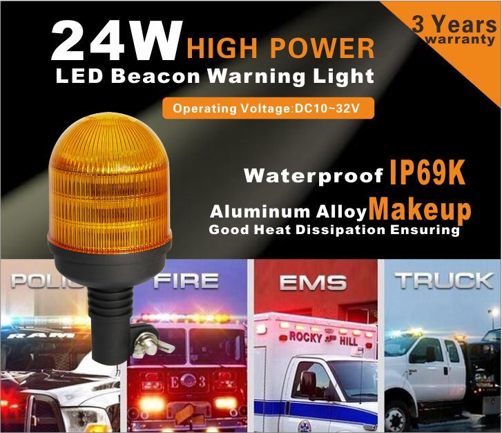 Amber Beacon Flexible DIN Pole Mount Tractor Rotating LED Warning Light ECE R65 IP69K