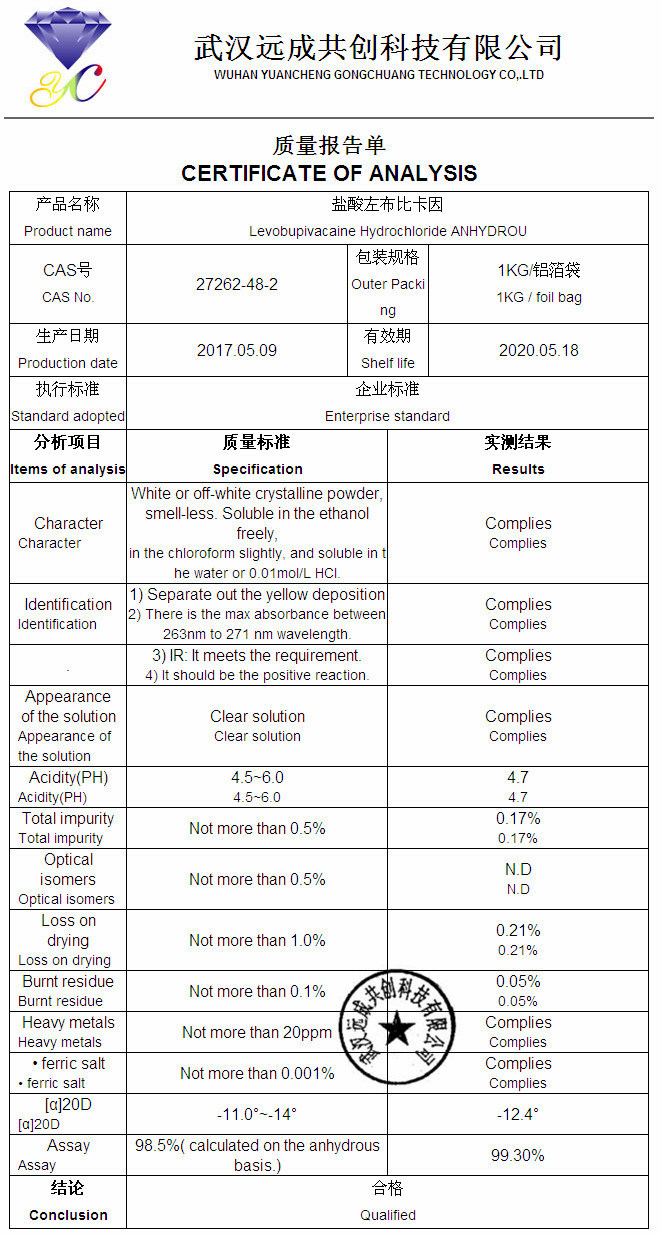 99% Purity Levobupivacaine Hydrochloride Powder 27262-48-2