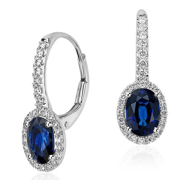 Sapphire and Micropave Diamond Halo Earrings in 14k White Gold (7X5mm)