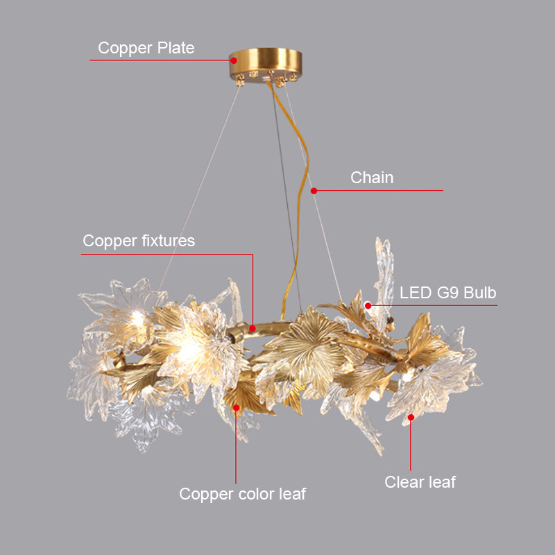 Contemporary Copper Glass Maple Leaf Chandelier with G9 LED Bulb